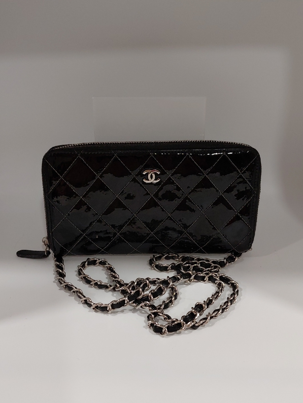 Chanel Black Patent Leather Zippered Wallet On  A Chain! WOC VGC!